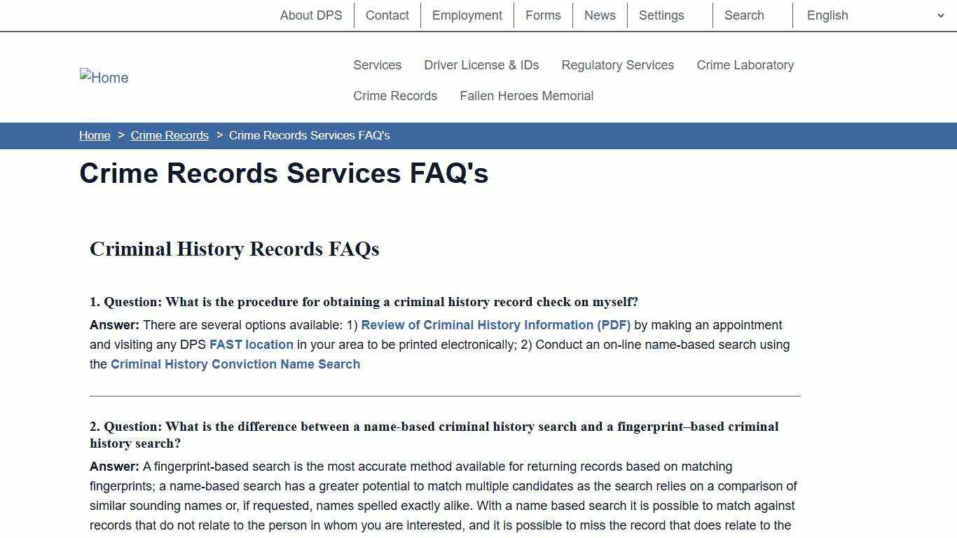 Crime Records Services FAQ's Department of Public Safety
